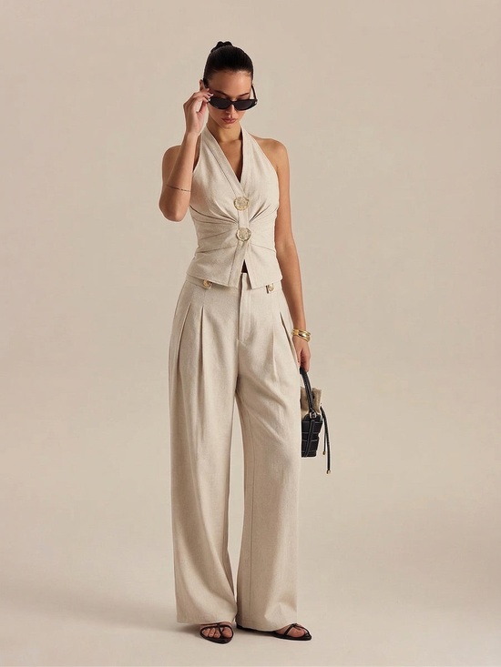 Commense Pants - COMMENSE Linen Blend Halter Ruched Top & Pants Set